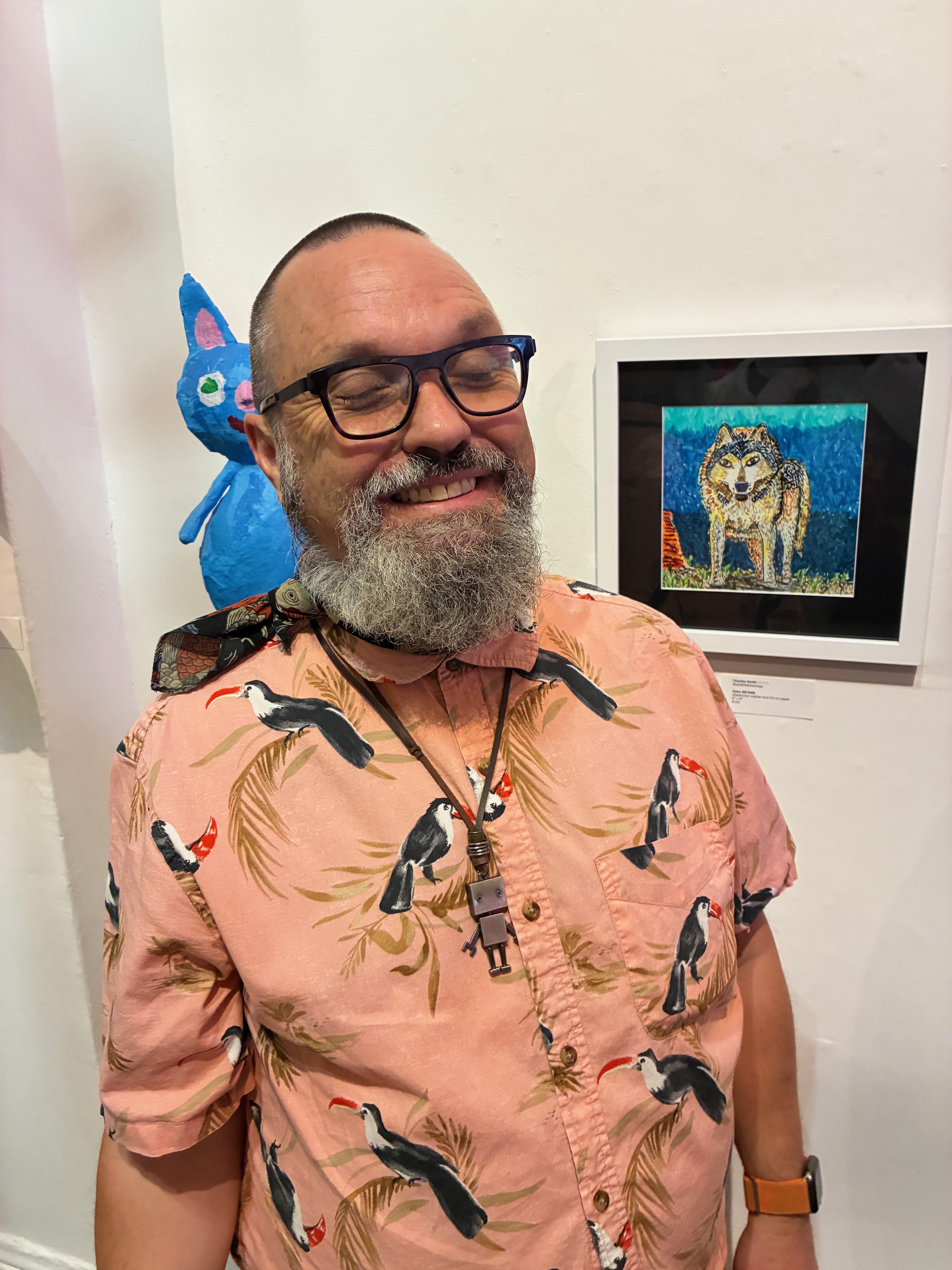 Charles alongside his drawing at Rosebud Gallery
