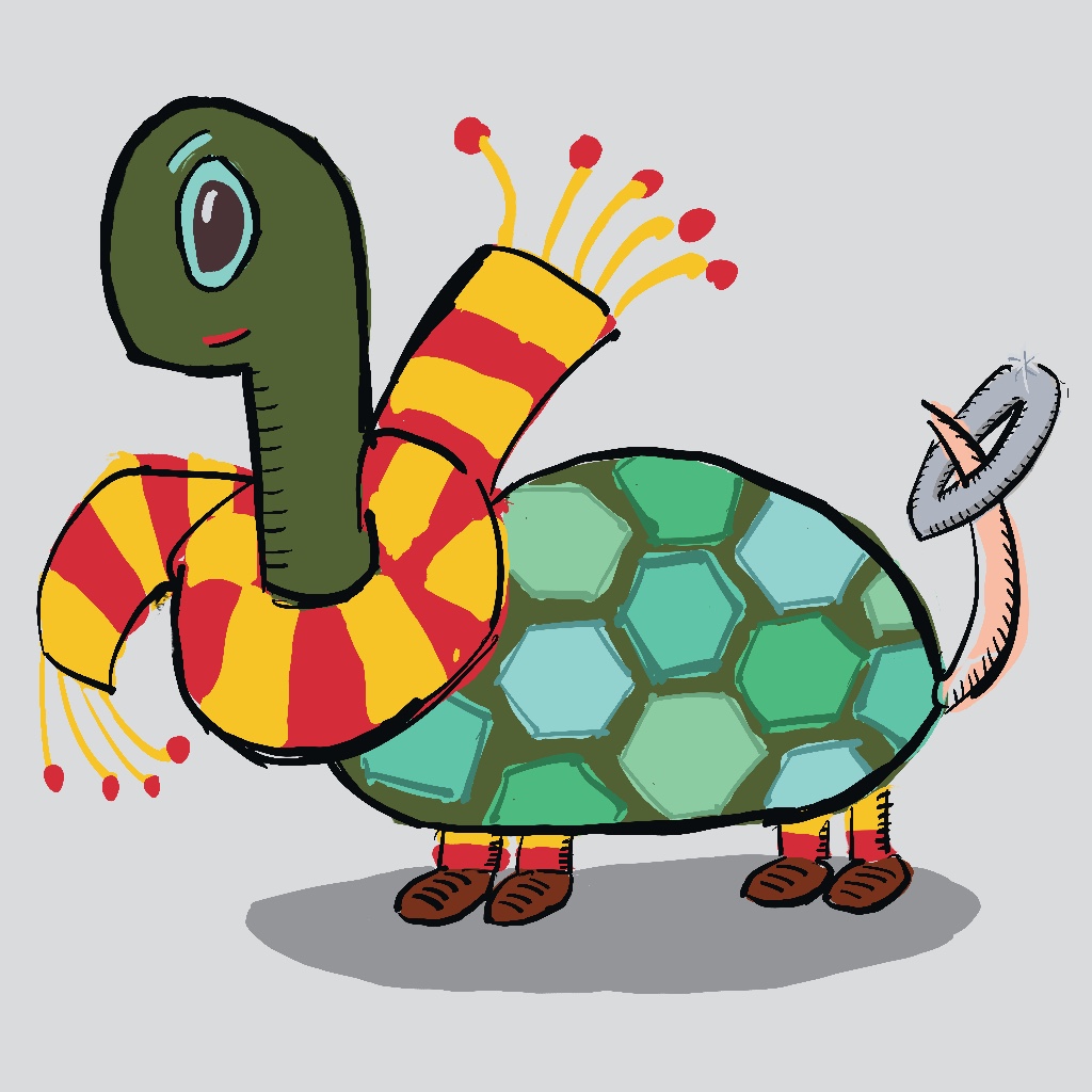 cartoon turtle wearing red and yellow scarf